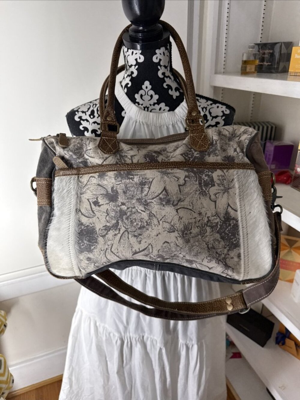 Myra Large Leather Canvas & Hair-On Bag Boho Country Casual